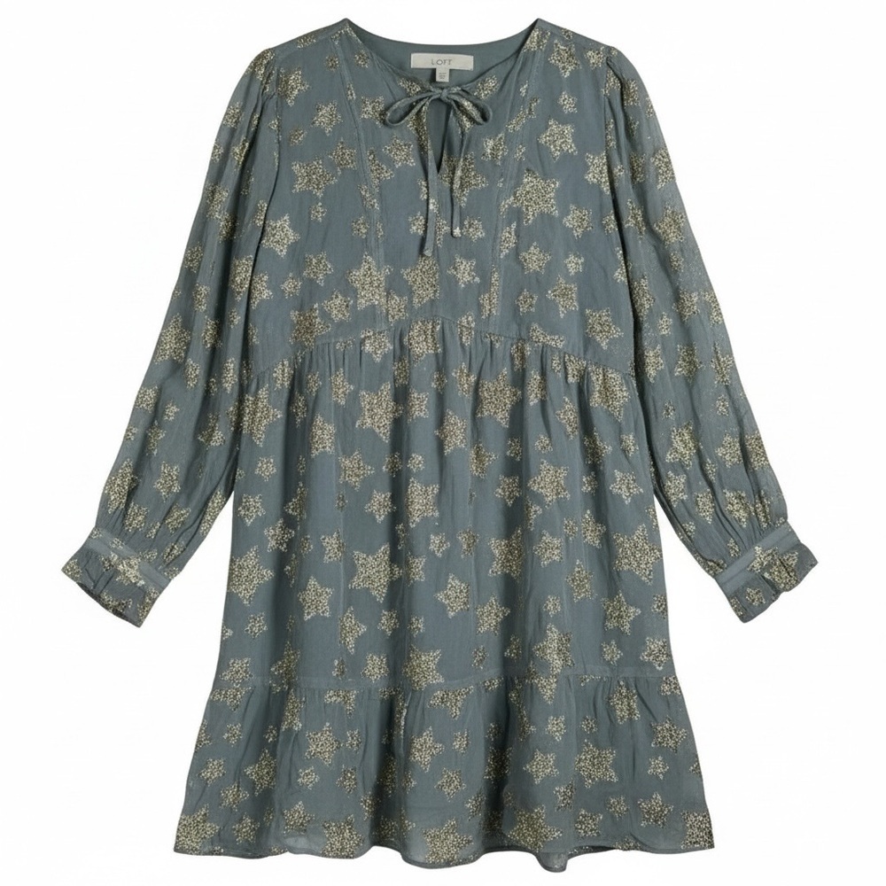 Loft Tiered Ruffle Dress Grey & Gold Size Large